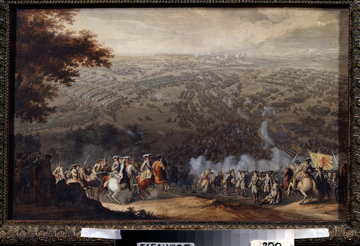 Slaget ved Poltava den 27. juni 1709. Slaget satte Carl XII af Sveriges svenske hær op mod den russiske tsar Peter den Stores hær under Den Store Nordiske Krig (1700 til 1721). Maleri af Nico af Nicolas de Larmessin