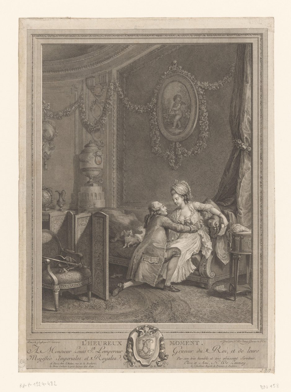 Det lykkelige øjeblik Slaapkamerinterieur met koppel op seng Det lykkelige øjeblik (titel på objekt) af Nicolas de Launay (goudsmid)
