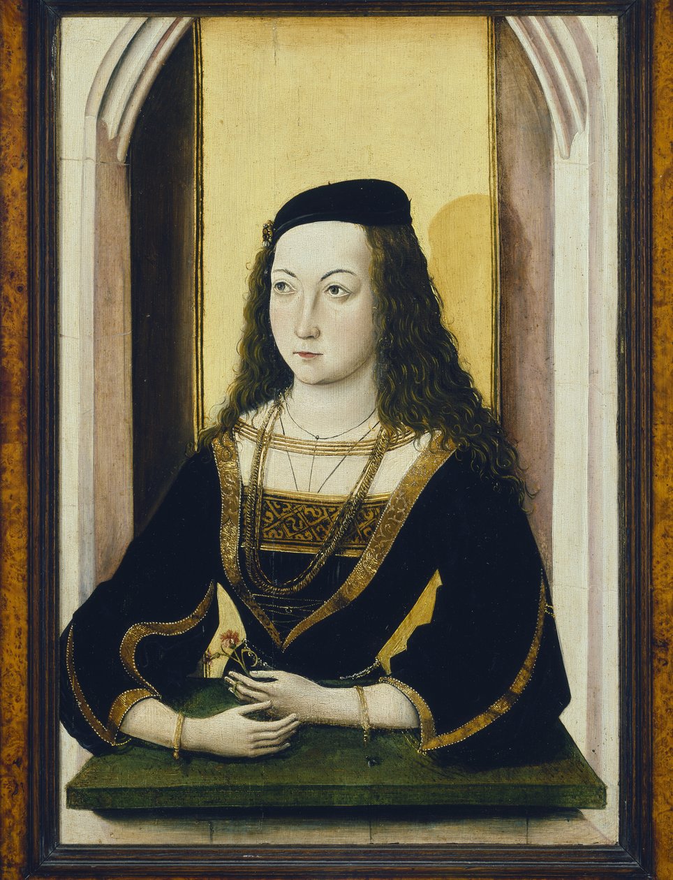 Portræt af en ung kvinde, der holder en blomst, olie på panel fra det 15. århundrede af Nicolaus Alexander Mair von Landshut