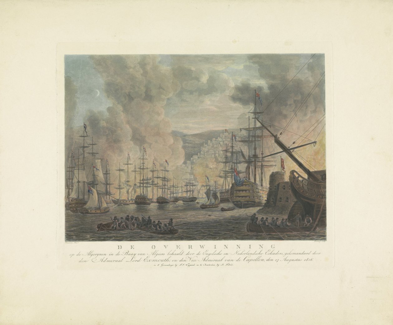 Bombardement af Algier, 1816 Algerianernes sejr i Algierbugten af ​​de engelske og hollandske eskadriller, kommanderet af admiralen Lord Exmouth og viceadmiralen af ​​Capellen, 27. august 1816 (titel på obj. af Nicolaus Heideloff