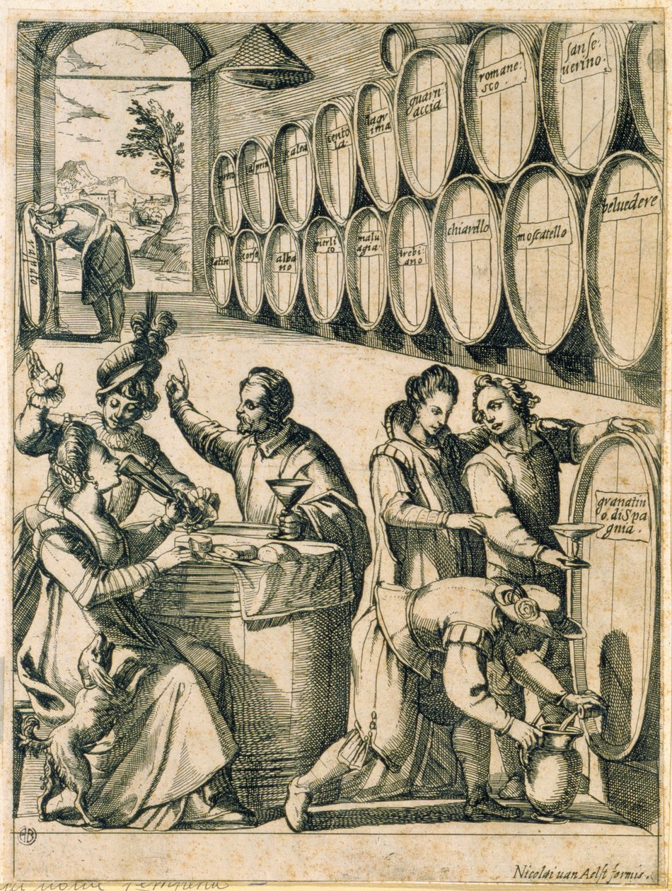 Drikkere i en vinkælder (navne på romerske vine er indskrevet på tønderne) af Nicolaus van Aelst