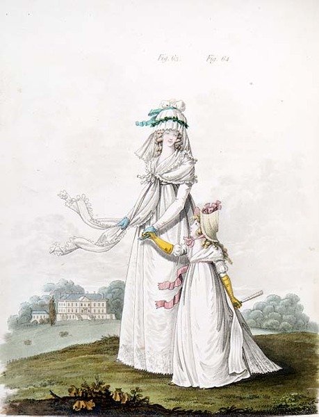 Mor og barn i morgenkjole fra Nikolaus Heideloffs `Gallery of Fashion