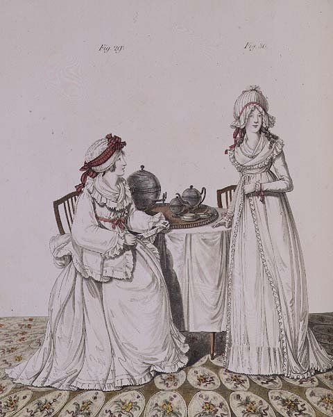 To damer til morgenmad i deres omklædningsrum, iført nathætter og peignoirs, fra Nikolaus Heideloffs `` Gallery of Fashion 