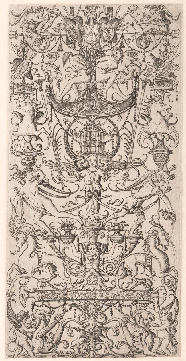 Ornamentpanel med fuglebur af Nicoletto da Modena