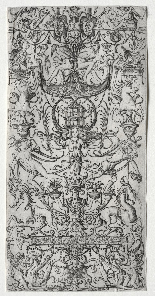 Ornamentpanel med et fuglebur af Nicoletto da Modena