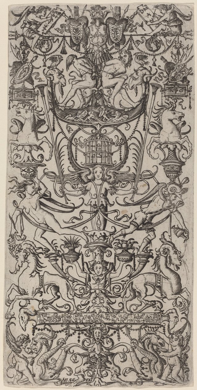 Ornamentpanel med et fuglebur af Nicoletto da Modena