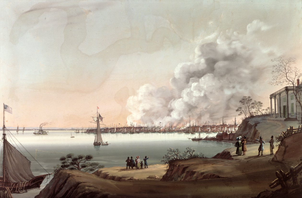 Udsigt over New York efter den store brand taget fra Brooklyn, 1835 af Nicolino Calyo