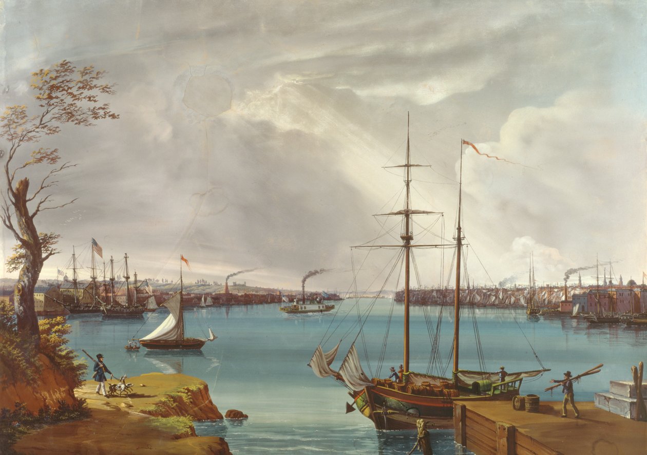 Udsigt over New York, Brooklyn og Navy Yard taget fra Heights nær Williamsburg, ca. 1835-45 (gouache, wc på papir) af Nicolino Calyo