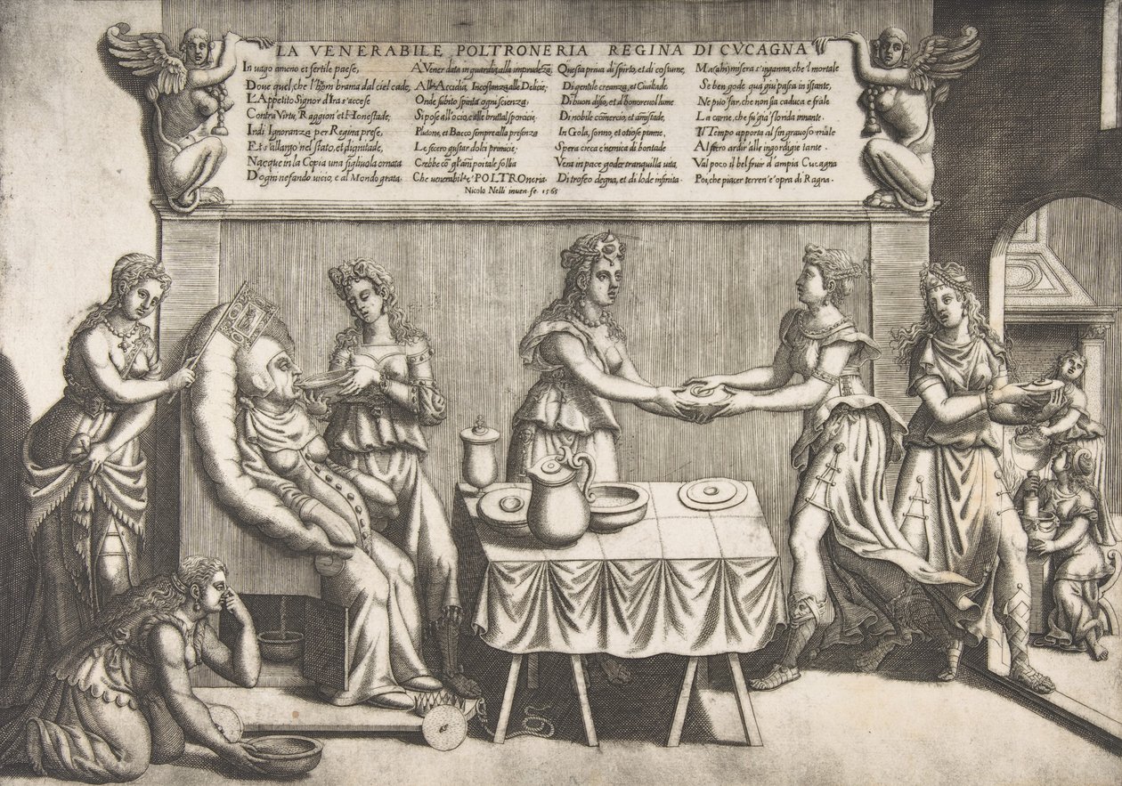Ærværdige Idleness, Dronning af Cockaigne, en tyk kvinde, der sidder på en bevægelig toiletstol værende..., 1565. af Nicolo Nelli