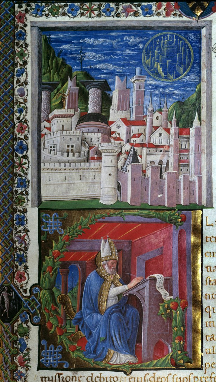 Saint Augustine Writing Miniature af Nicolo Polani taget fra "" De civitate dei"" (Guds By) af Saint Augustine of Hippo (354-430). 1459. Paris, Bibliotheque sainte Genevieve af Nicolo Polani