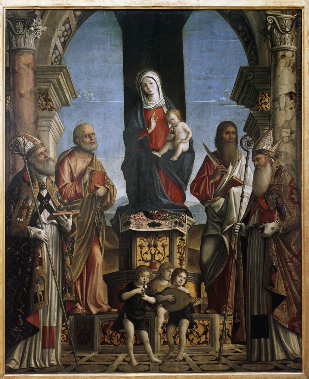 Jomfruen og barnet på tronen med Sankt Nikolaus, Sankt Peter, Sankt Barthelemy og Sankt Augustin (olie på lærred af Nicolo Rondinelli