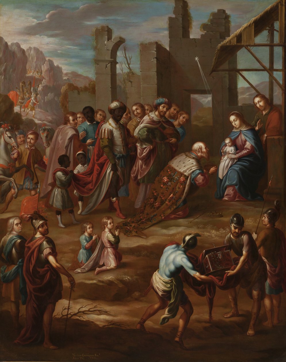 The Adoration of the Kings with Viceroy Pedro de Castro y Figueroa, Duke of La Conquista (The Adoration of the Kings with Viceroy Pedro de Castro y Figueroa, Duke of La Conquista), 1741 (olie på coppe) af Nicolás Enríquez