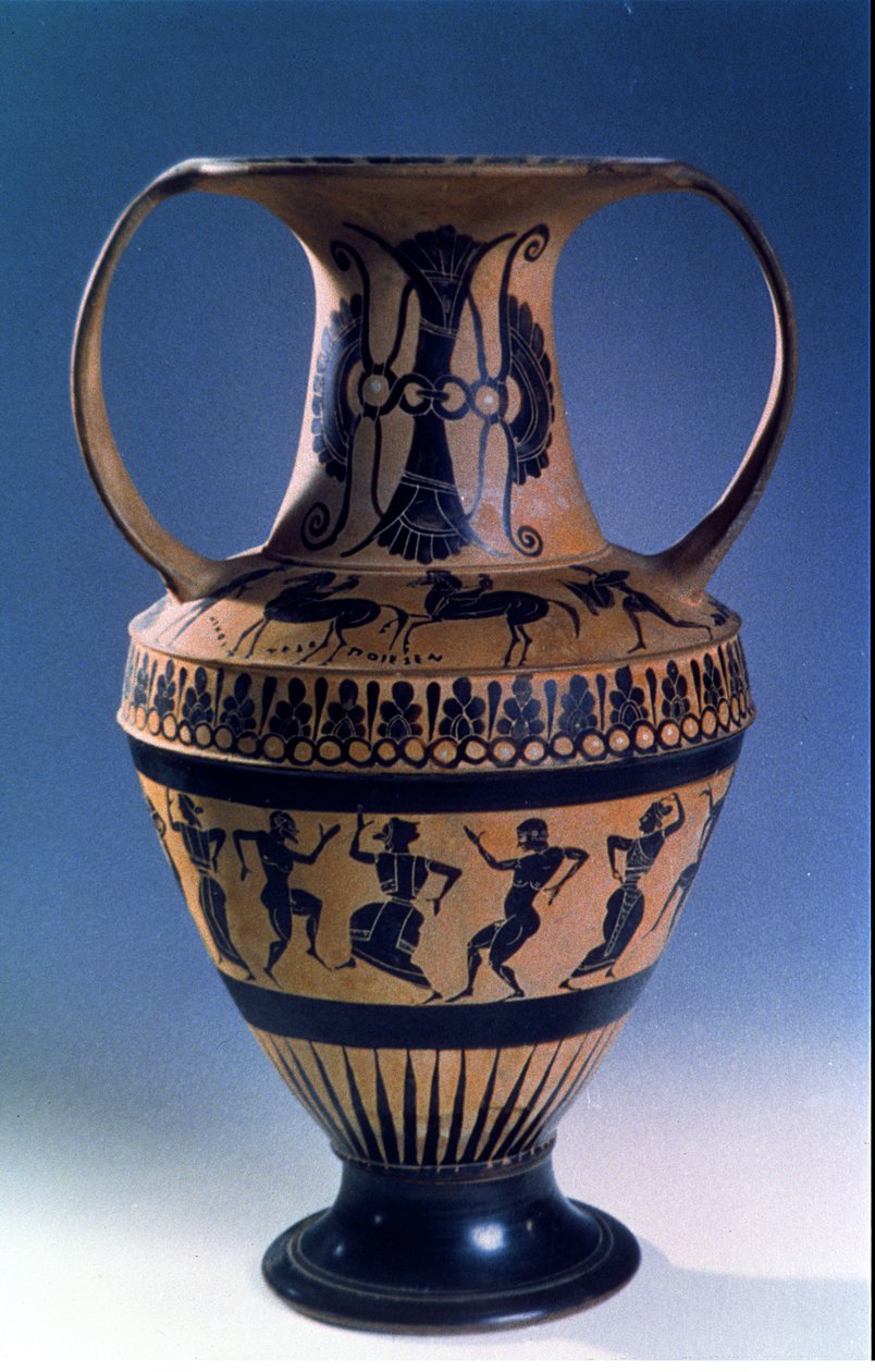 Attic sort figur amfora forestillende dansere, ca. 535-38 f.Kr. (lertøj) af Nicosthenes
