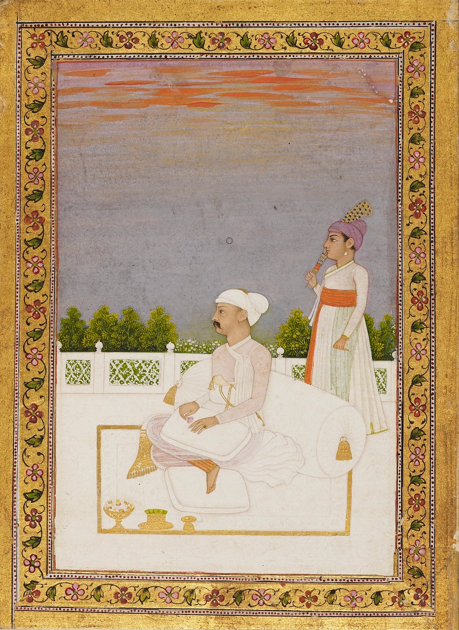 Adelsmand, muligvis Mir Qasim, siddende på en terrasse med ledsager, 1700-tallet af Nidhama