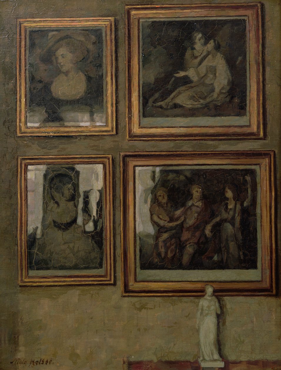 Interiør med malerier og en figur af Niels Holsoe