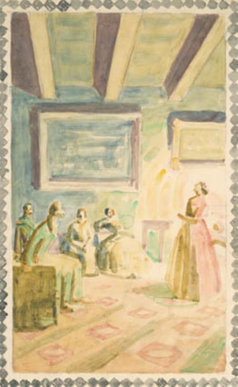 Jenny Lind synger i Weimar for Storhertugens familie og H.C. Andersen. Udkast til freskodekorationer i H.C. Andersen Mindehallen i Odense af Niels Larsen Stevns