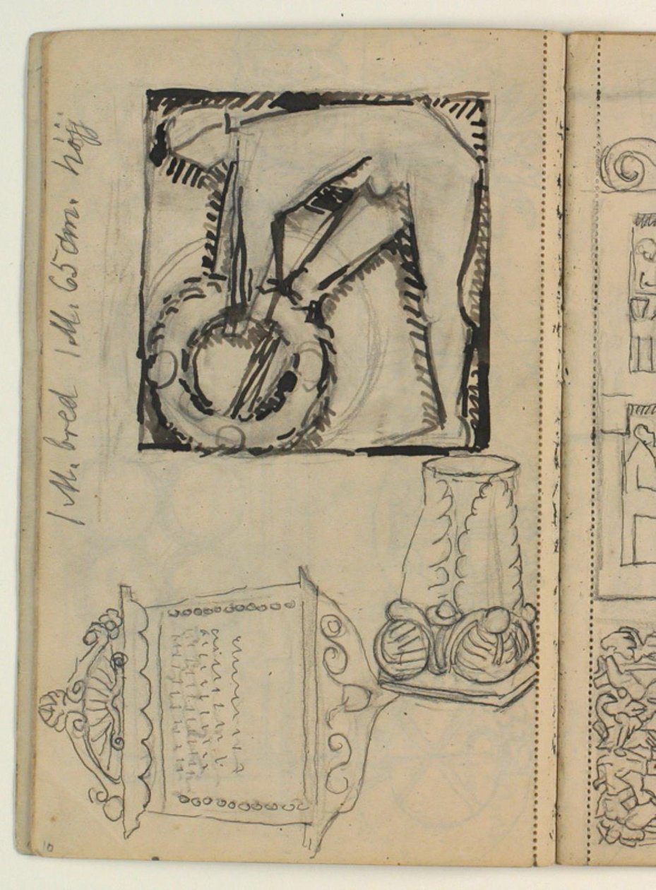 Udkast til Poul S. Christiansens gravmæle, studier af gravmæler, måleangivelser af Niels Larsen Stevns