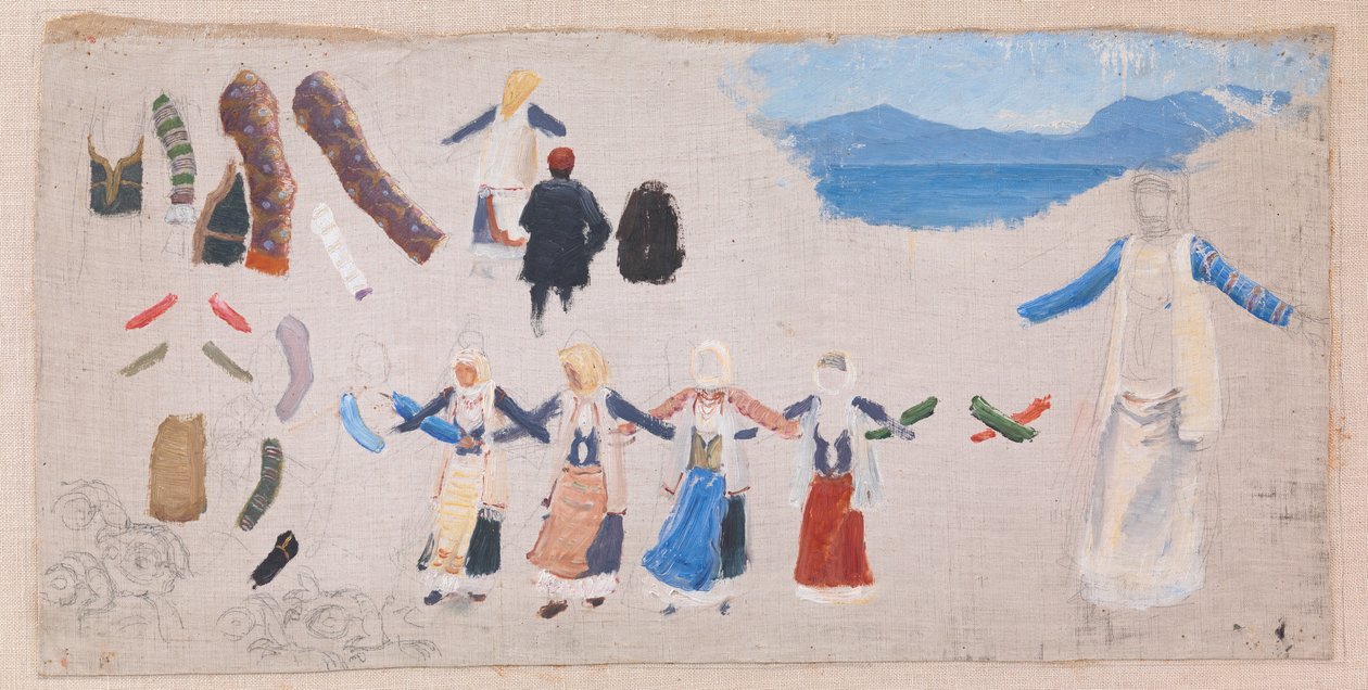 Dansende kvinder, dragtdetailler og et landskab af Niels Skovgaard