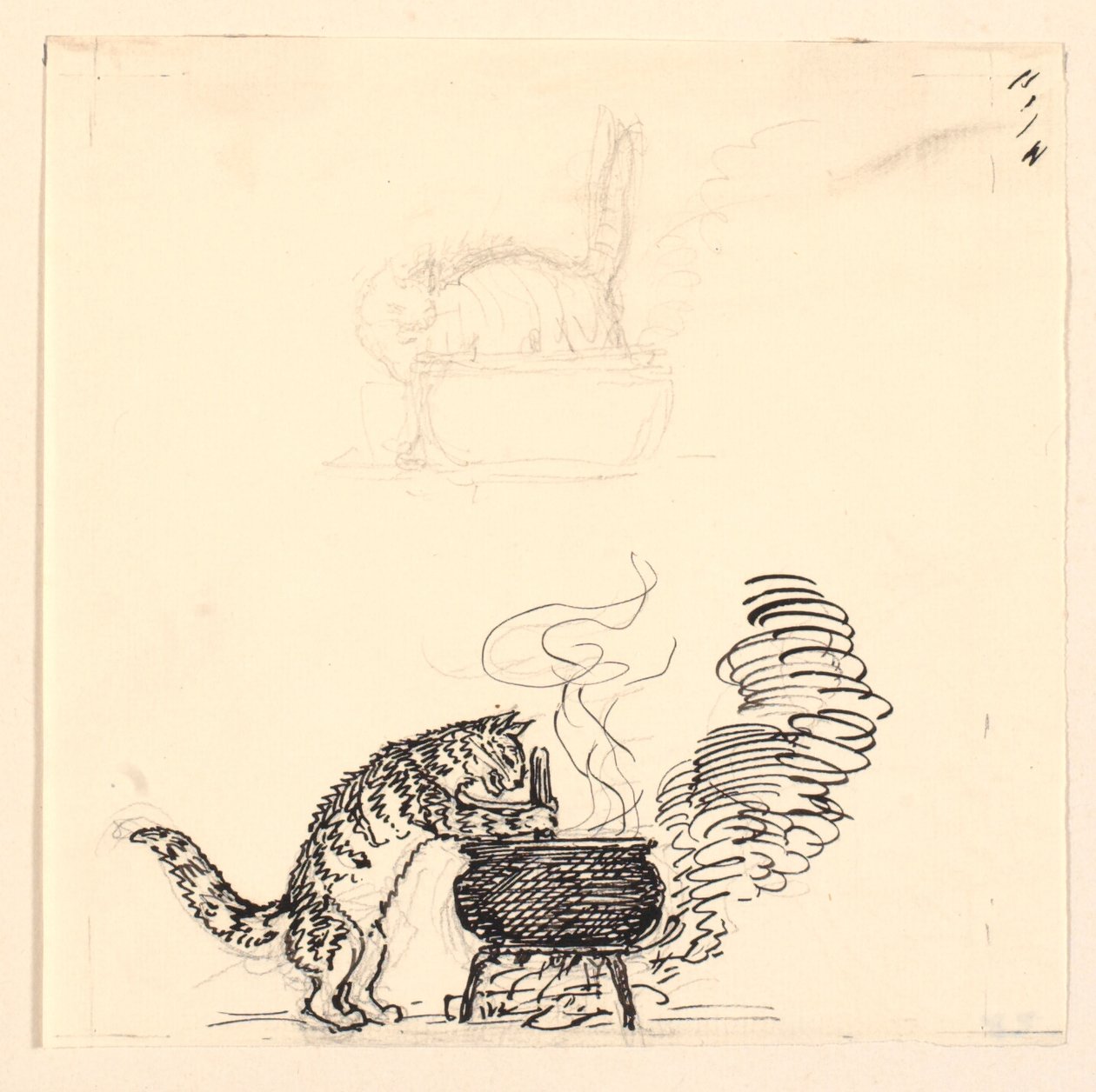 Illustration til "Den tykke kat" samt skitse af Niels Skovgaard