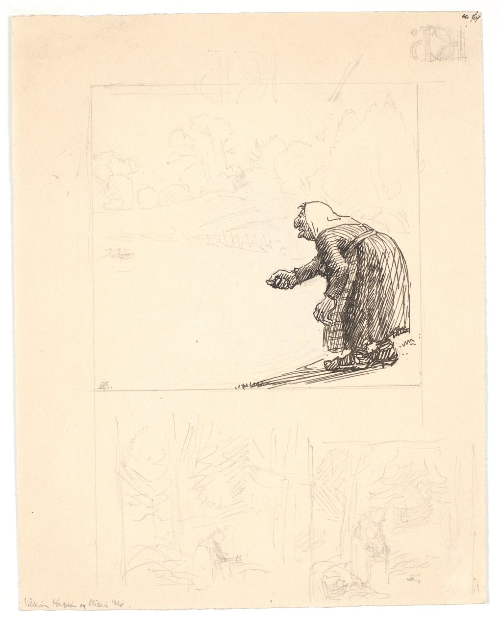 Udkast til "Vilderik Kongesøn og Miseri Mø" (f.o.) og "Den lille slange" (to forarbejder f.n.) af Niels Skovgaard