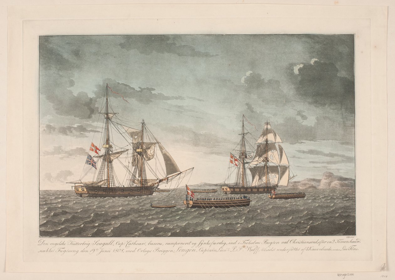 Den engelske kutterbrig Seagull efter kampen med briggen Lougen, 19. juni 1808 af Niels Truslew