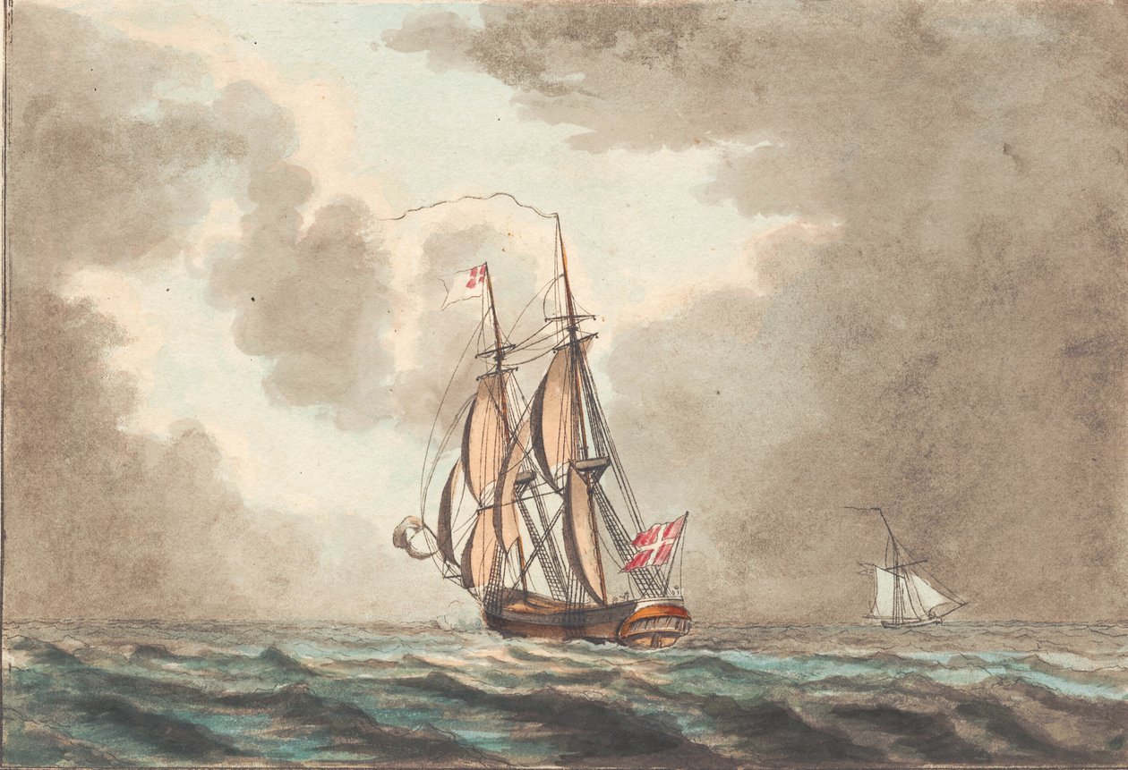 En dansk brig sejler for en sløring af Niels Truslew