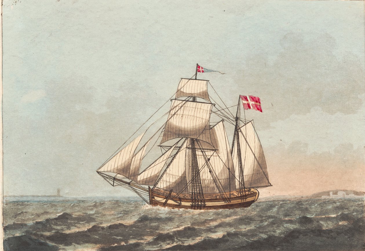 En dansk galease, at see i læ, med sidevind af Niels Truslew