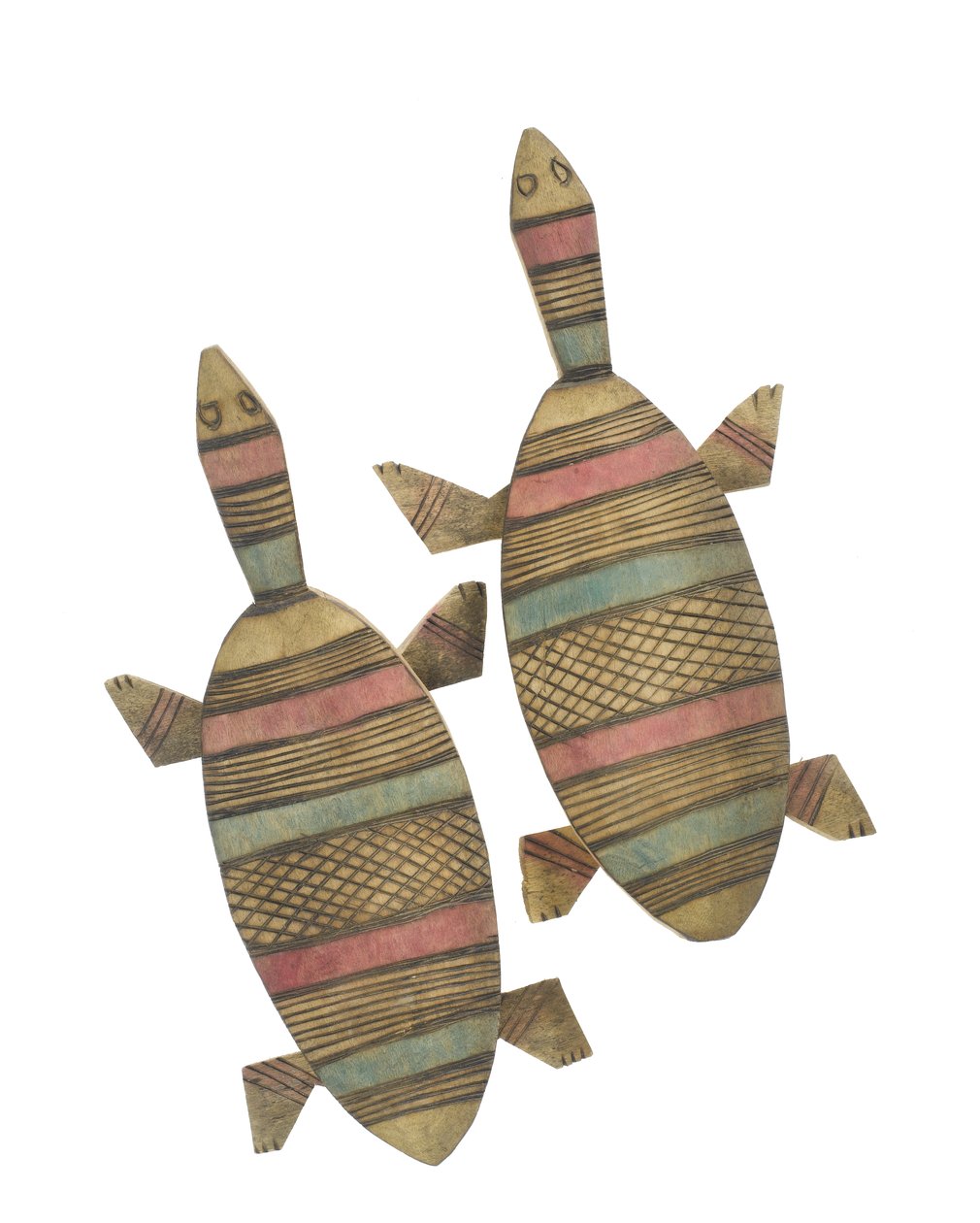 Udskårne træskildpaddefigurer dekoreret med røde, grønne og sortmalede geometriske mønstre, Hausa People, Kano, Nordlige Nigeria (malet træ) af Nigerian Nigerian