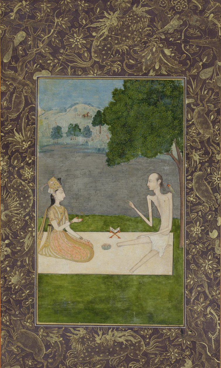 Laila og Majnun taler sammen under et træ, ca. 1730 (ugennemsigtigt wc og guld på papir) af Nihal Chand
