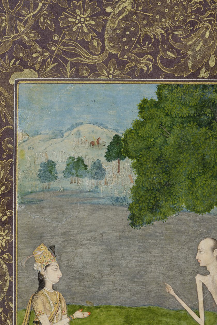 Laila og Majnun snakker under et træ, detalje, ca. 1730 (ugennemsigtigt wc og guld på papir) af Nihal Chand