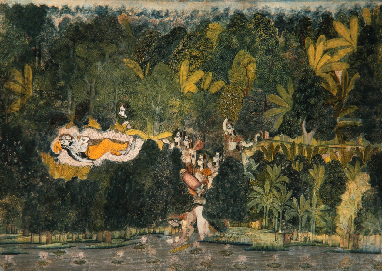 The Bower of Quiet Passion, ca.1750 (uigennemsigtigt wc og guld på papir) af Nihal Chand