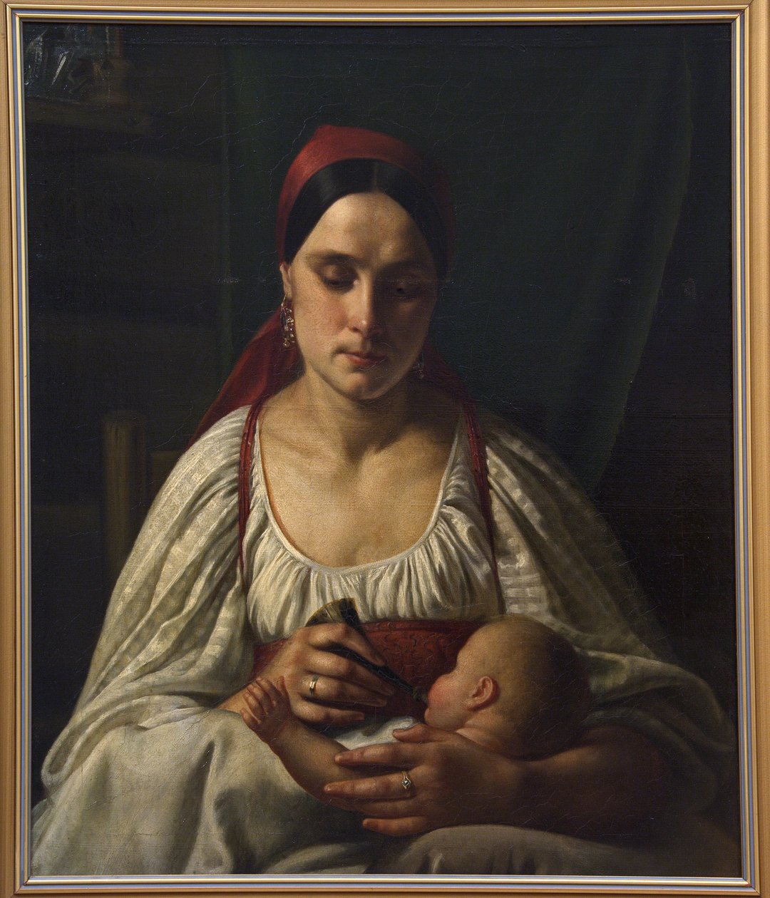 Russisk bondekvinde fodrer sin baby med et kohorn. (Russisk bondekvinde fodrer sin baby fra et kohorn). Maleri af Nikifor Stepanovich Krylov (Krilov) (1802-1831), olie på lærred af Nikifor Stepanovich Krylov