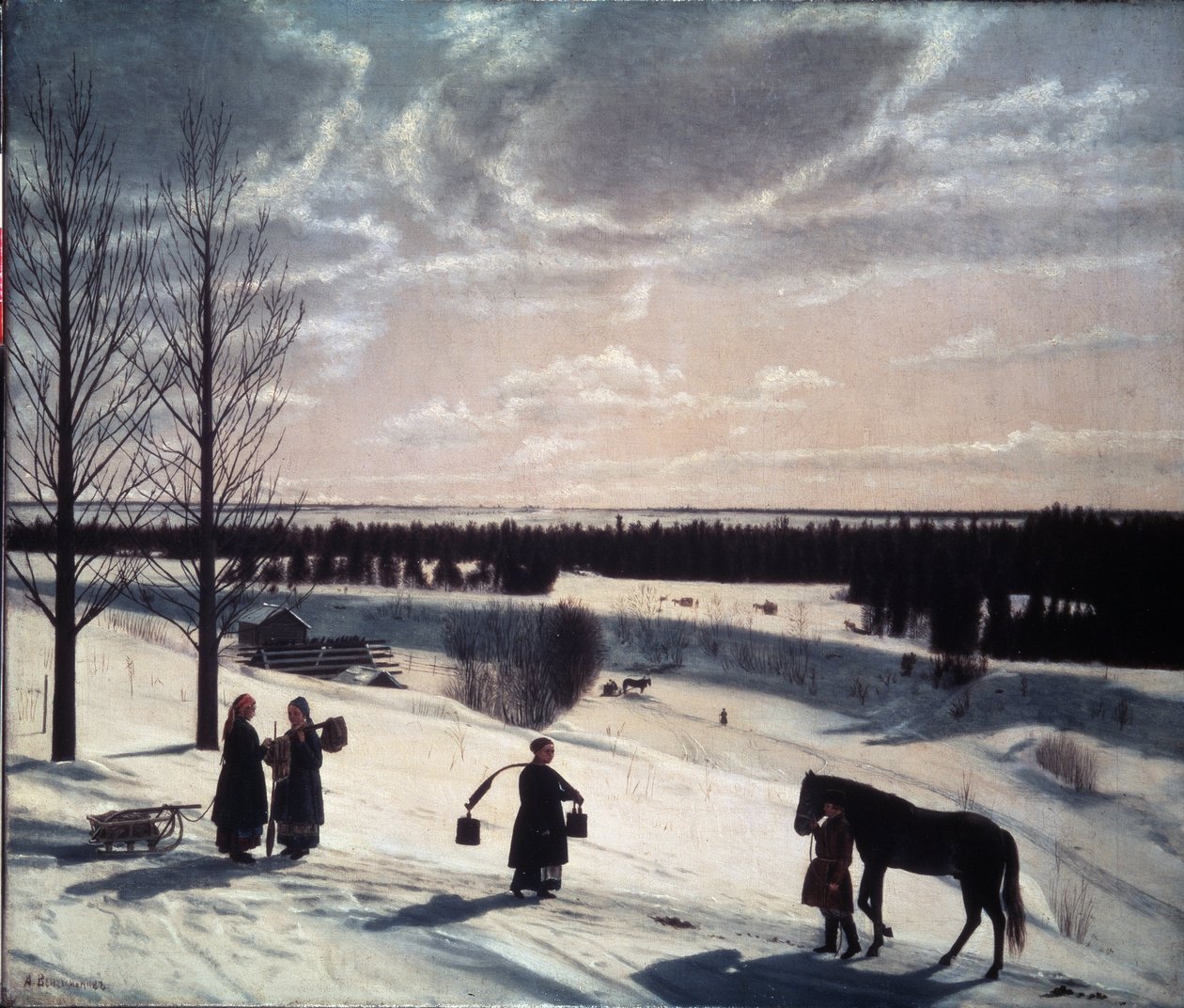 Vinterscene, russisk vinter (Vinterscene, russisk vinter). Beskrivelse af et snelandskab i aftenlyset, med figurer på vejen: en fører en hest og kvinder, et læs spande og to andre taler nær en slæde. pei af Nikifor Stepanovich Krylov