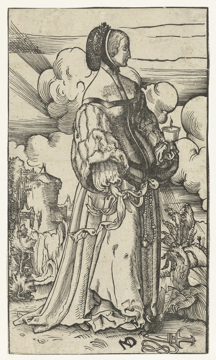 Klog jomfru med brændende olielampe i landskab Five Wise and Five Foolish Virgins (serietitel) af Niklaus Manuel Deutsch