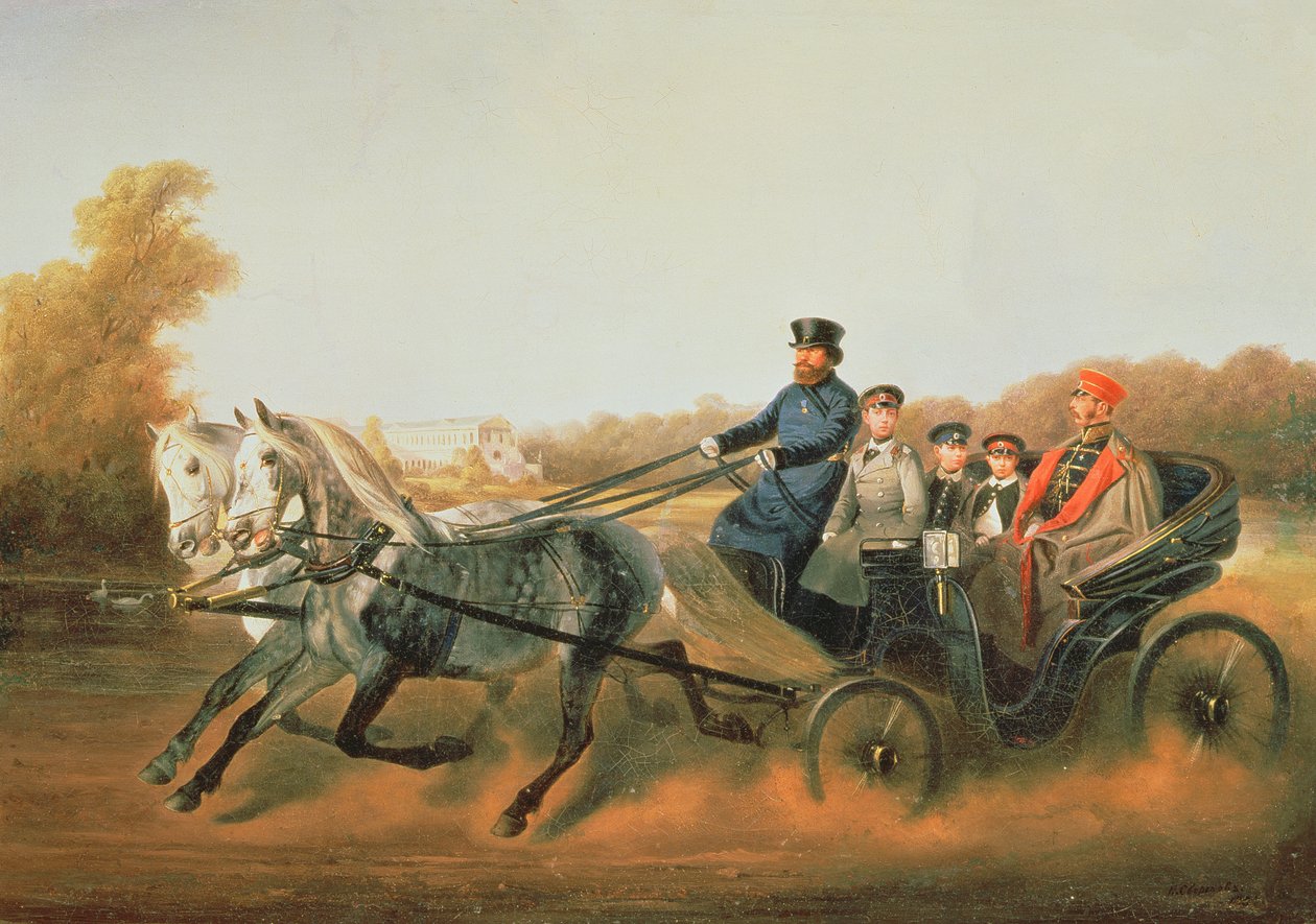 Zar Alexander II (1818-81) kører i bil med sine sønner i Zarskoje Selo, 1850