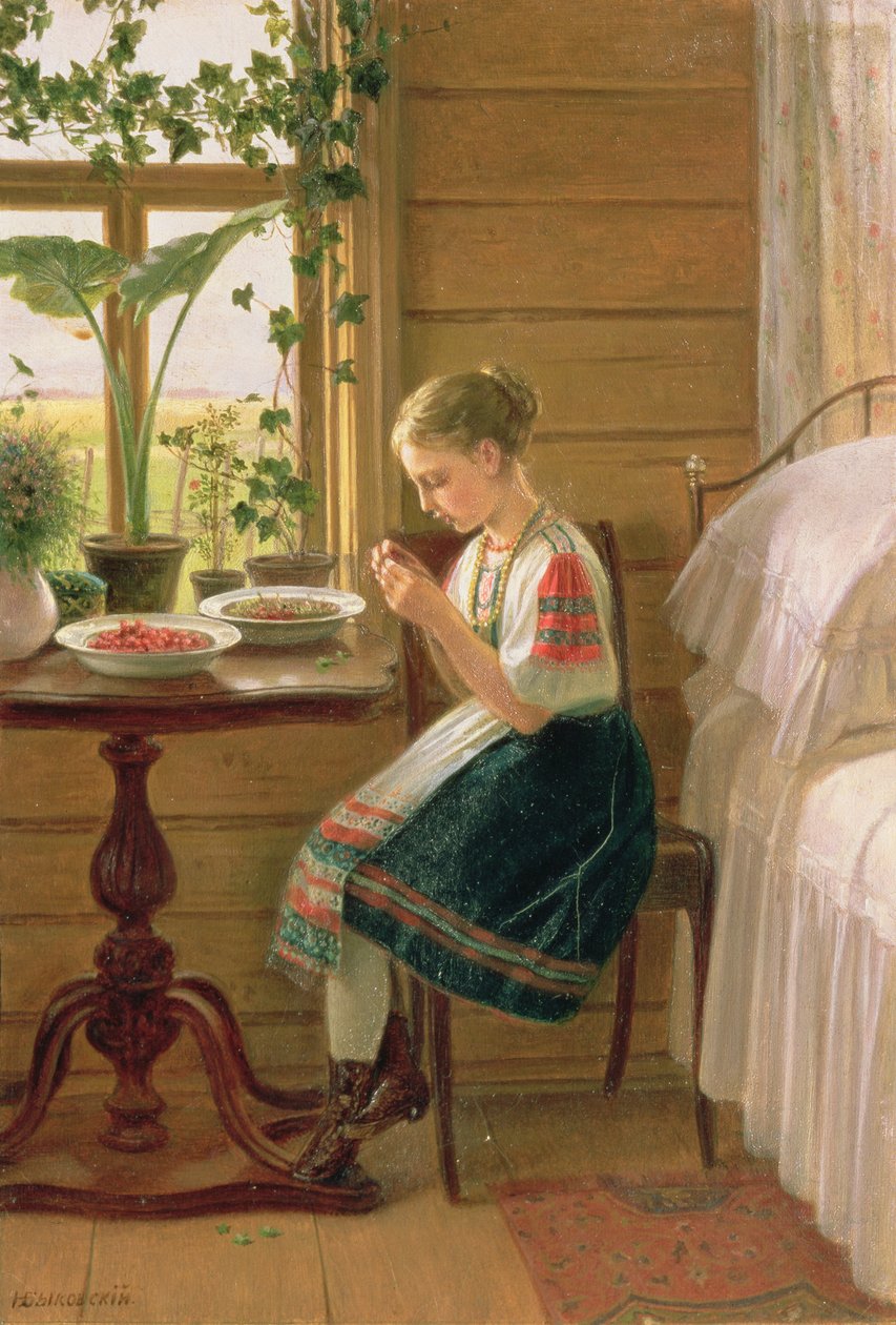 Pige skræller bær, 1880 af Nikolai Mikhailovich Bykovsky