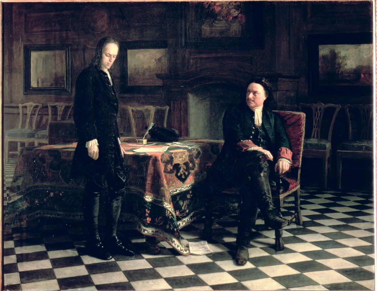 Peter den Store forhører Tsarevich Alexei Petrovich på Peterhof, 1871 af Nikolai Nikolaevich Ge