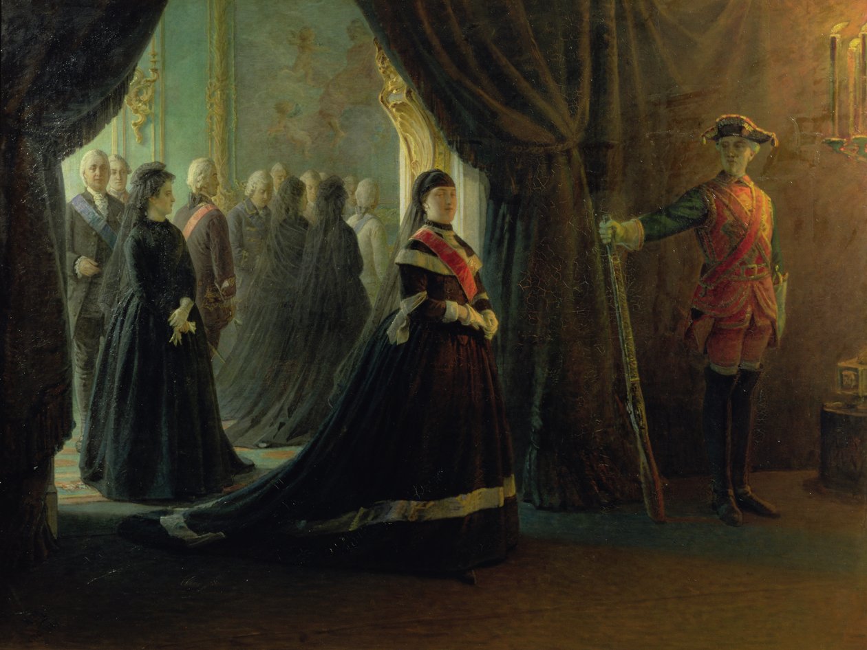 Catherine II (1729-96) ved kejserinde Elizabeths kiste (1709-61), 1874 af Nikolai Nikolajevitch Gay