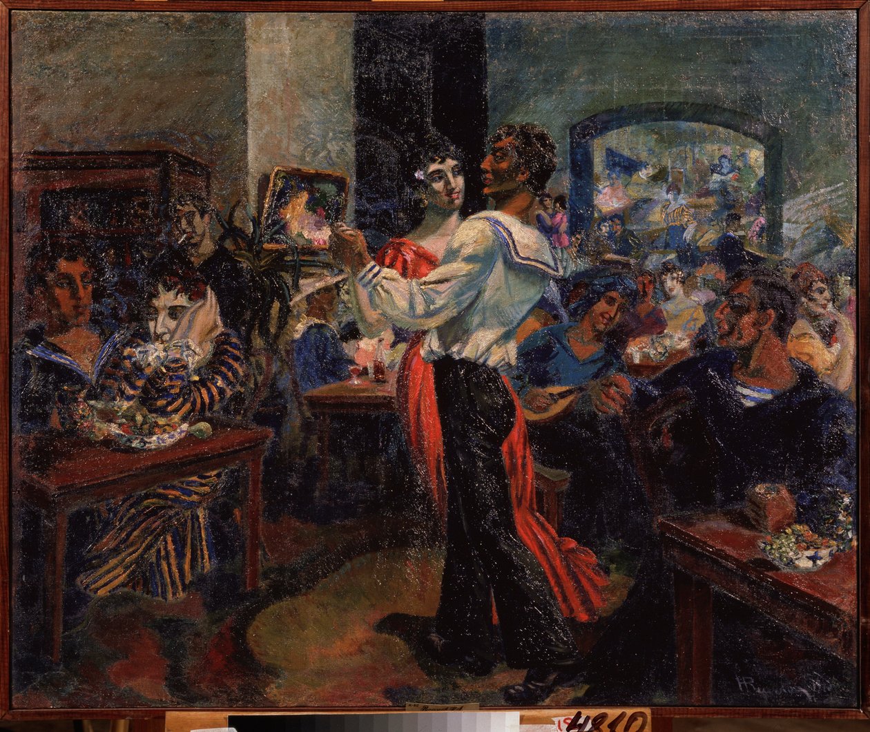 En sømandsbar. Maleri af Nikolai Afanasyevich Rusakov (1888-1941), olie på metalplade af Nikolai Afanasyevich Rusakov