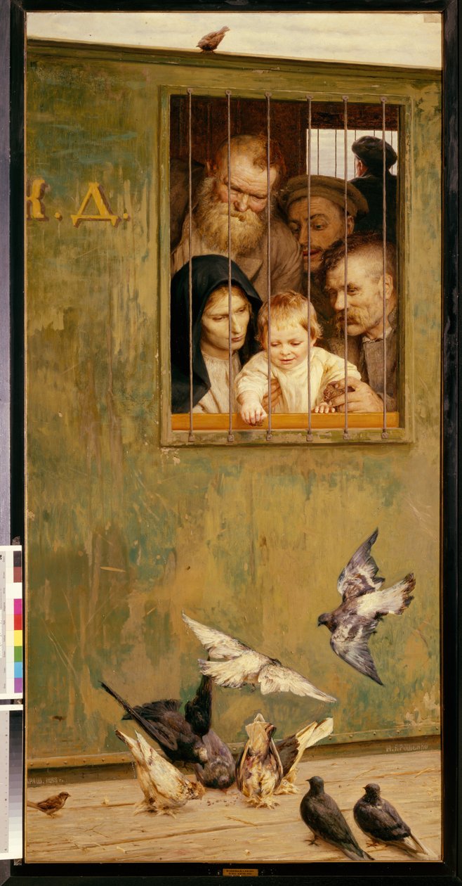 Livet er overalt. (Fra vinduet på en vogn med jernstænger kaster et barn omgivet af smilende ansigter krummer efter fugle). Maleri af Nikolai Alexandrovich Yaroshenko (Yarochenko) (1846-1898), olie på lærred af Nikolai Aleksandrovich Yaroshenko