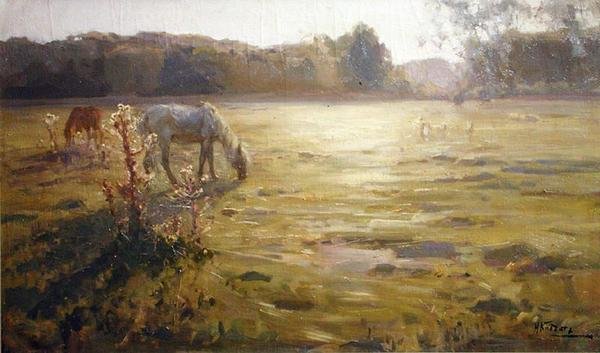 Horse in a Meadow (olie på lærred) af Nikolai Alexandrovich Klodt