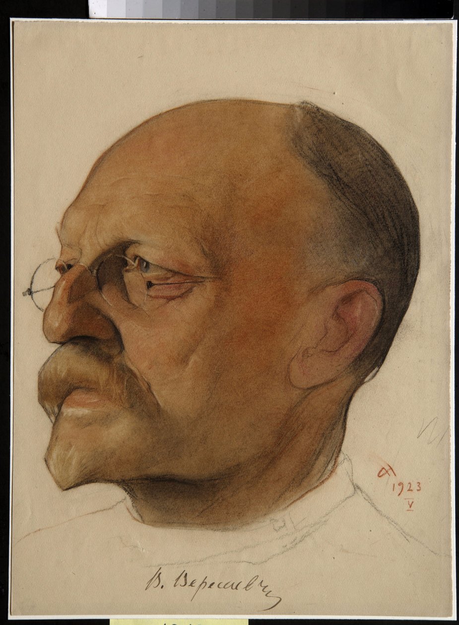 Portræt af Vikenti Vikentyevich Smidovitch, dit Vikenti Veressaiev (1867-1945), russisk læge og forfatter (Vikenty Vikentyevich Veresaev) - Tegning af Nikolai Andreevich Andreev (1873-1932) sangvin og farveblyanter på papir (32,5x24 cm) af Nikolai Andreevich Andreev