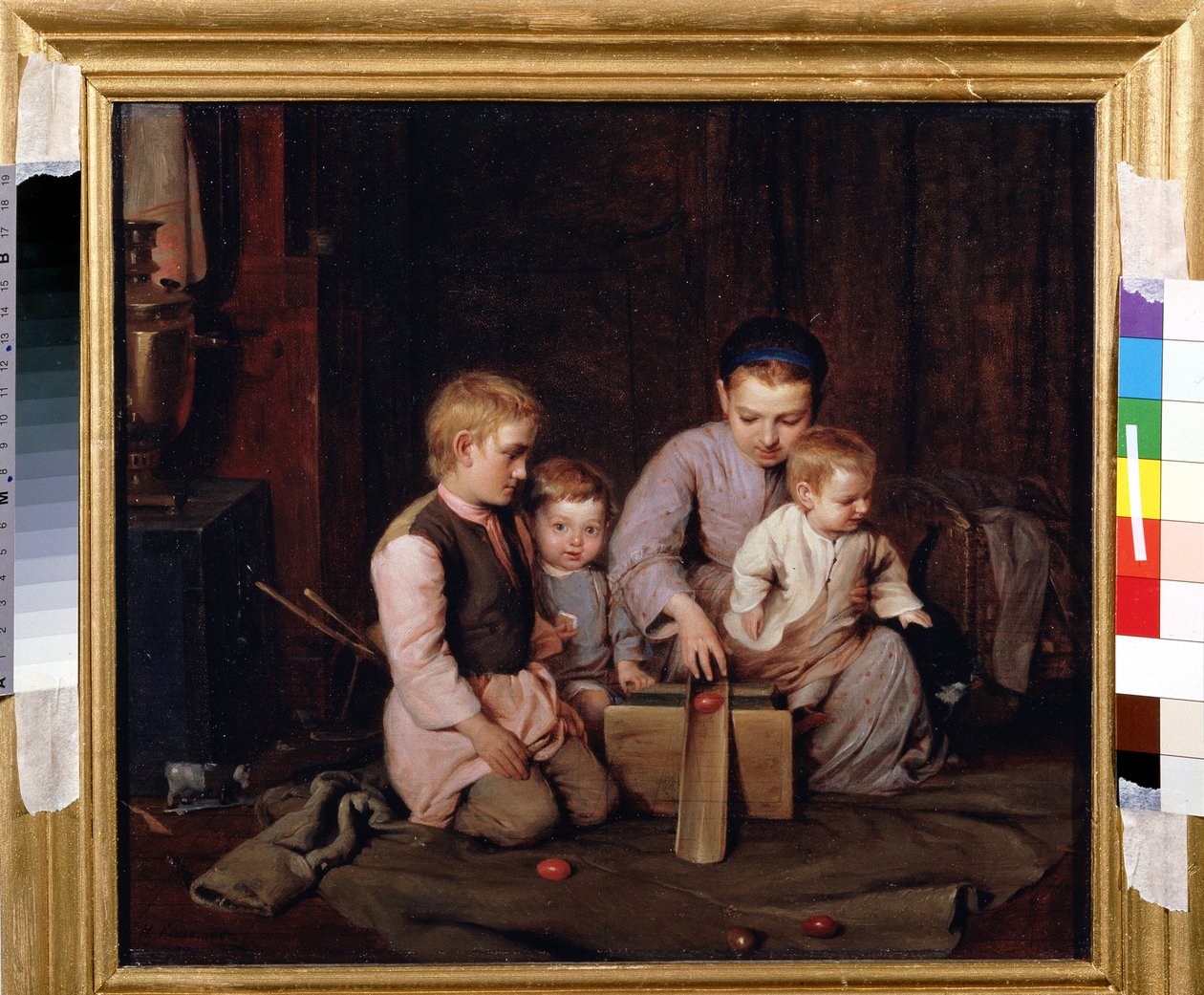 Påskeægs spil. Fire børn leger med at skubbe trææg ind i en trækanal, installeret på en frakke, spredt ud på gulvet i huset. Maleri af Nikolai Andreevich Kocheliov (1840-1918), olie på lærred af Nikolai Andreevich Kocheliov