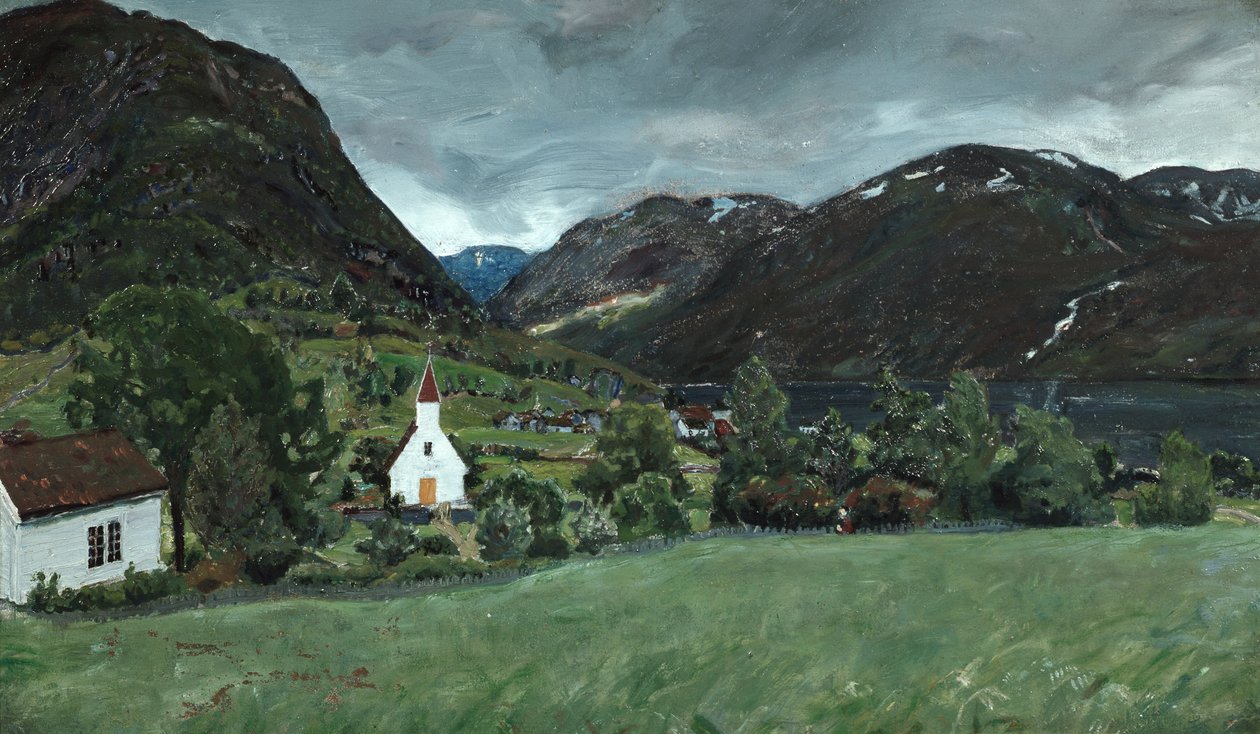 Alhus præstegård og kirke af Nikolai Astrup