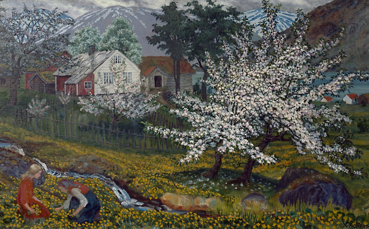 Blomstrende æbletræ, Strømsbo Gård, ca. 1912 (olie på lærred) af Nikolai Astrup