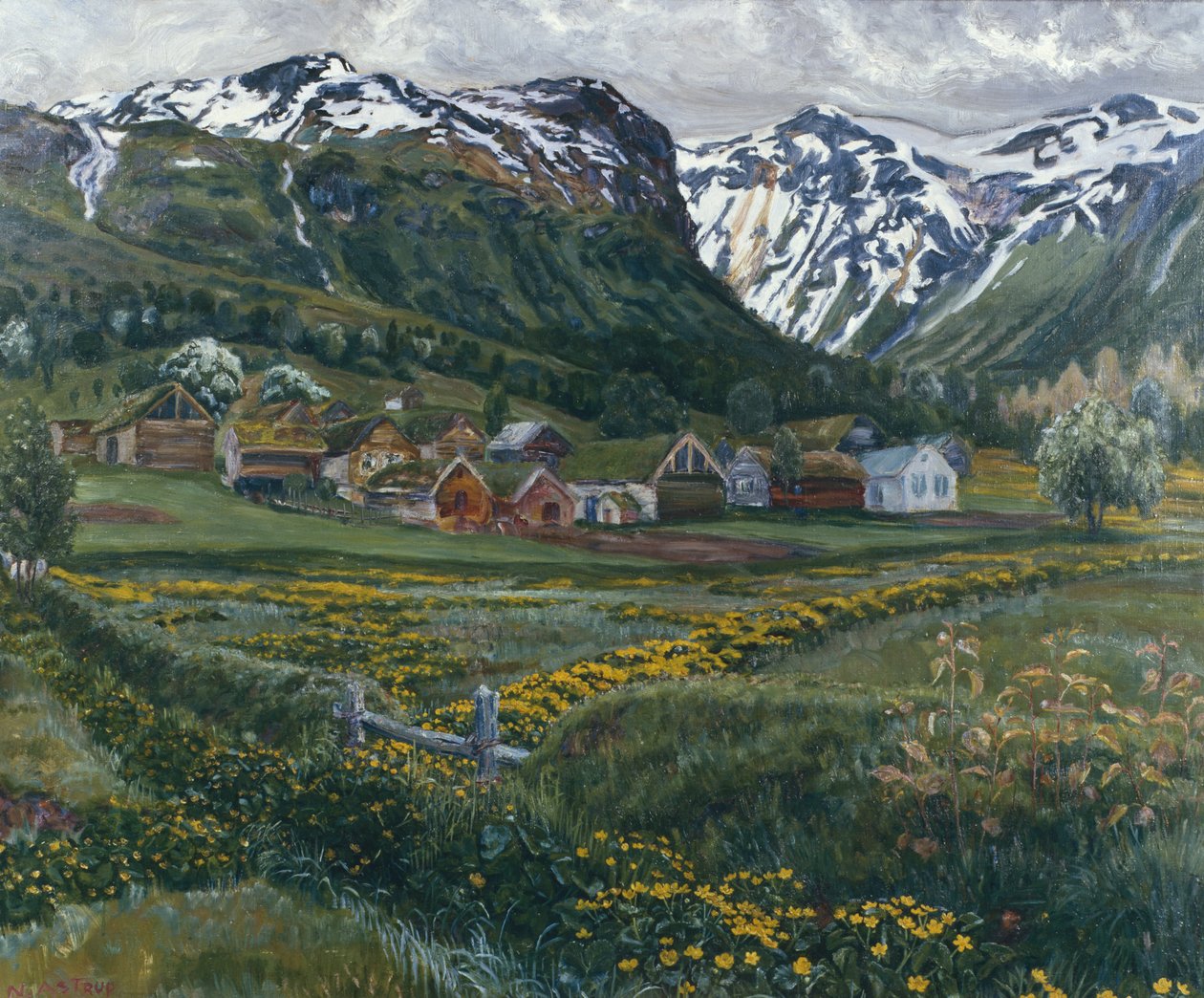 juninat og gammel Jølster gård af Nikolai Astrup