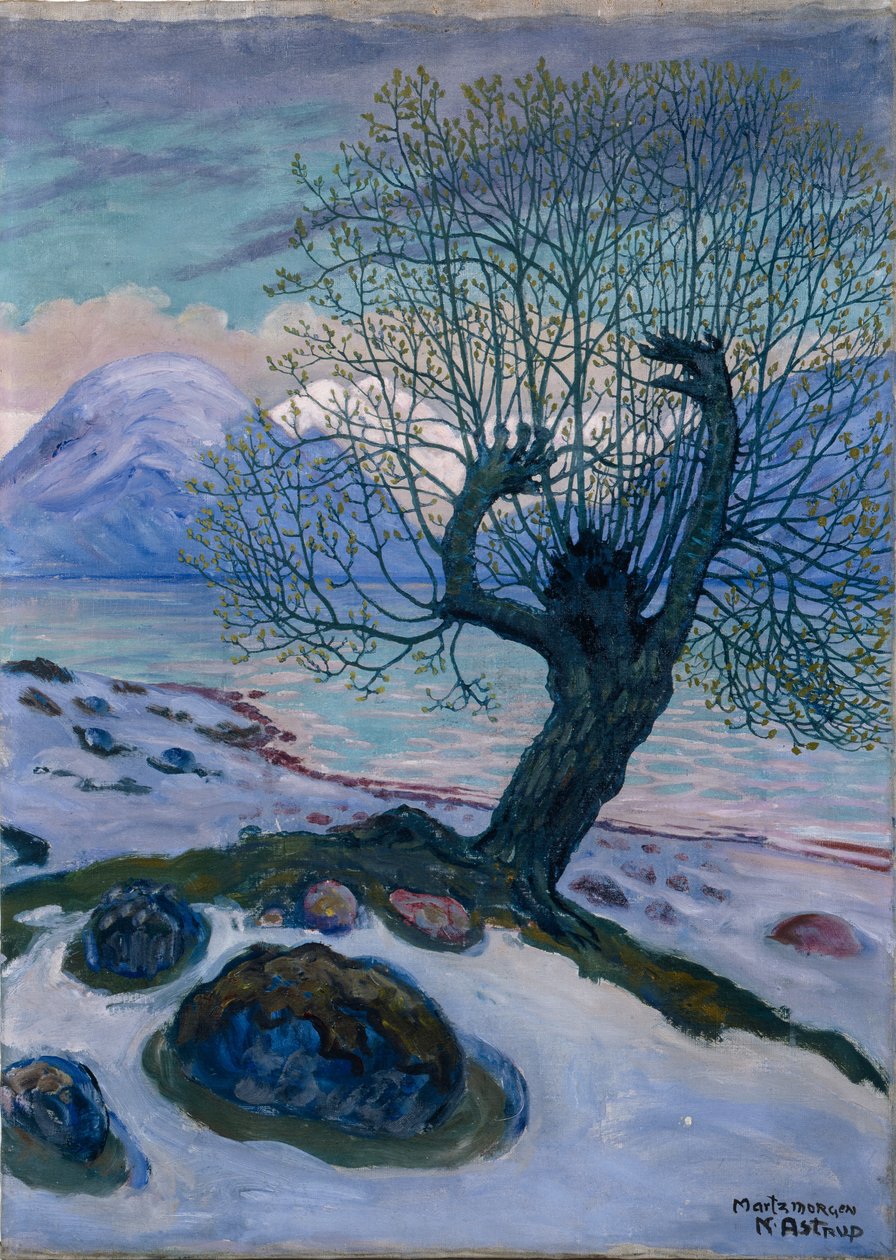 Marts morgen, forår nat og pil (olie på lærred) af Nikolai Astrup