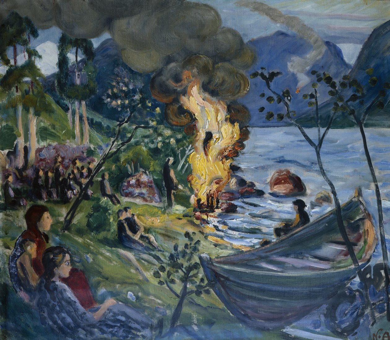 Midsommerbål ved Jølster vand (olie på lærred) af Nikolai Astrup