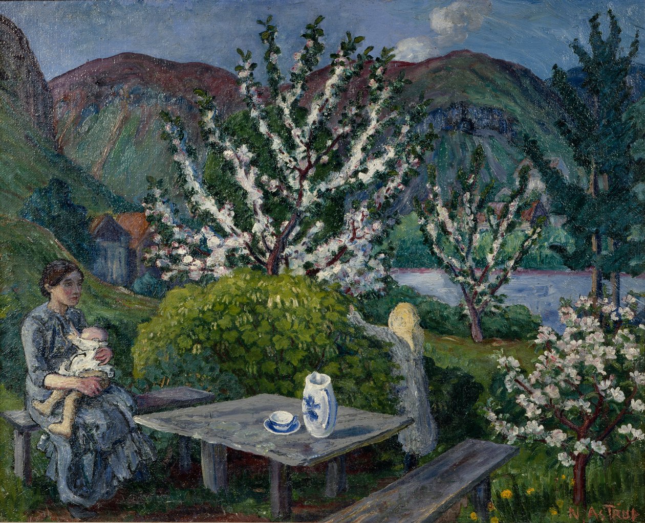 Mor og barn ved havebordet (olie på lærred) af Nikolai Astrup