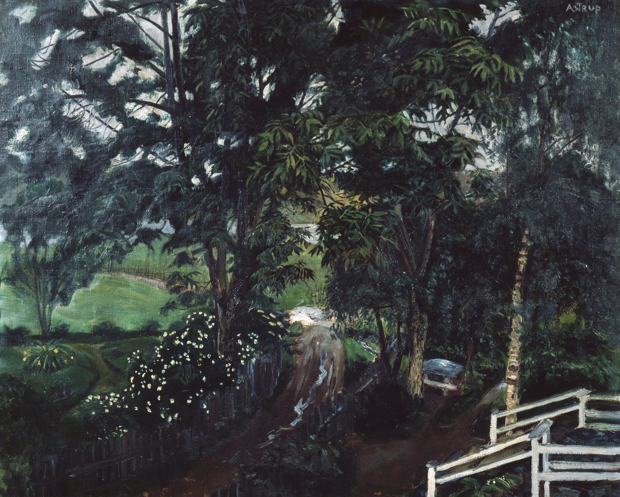 Regnfuld atmosfære under træerne i Jolster præstegård af Nikolai Astrup